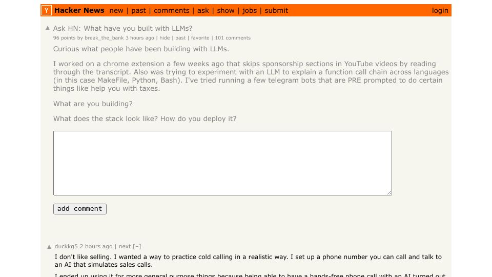 Screenshot of Hacker News post: Ask HN: What have you built with LLMs?