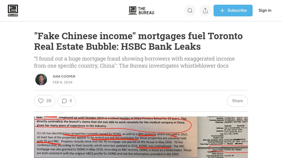 Screenshot of thebureau.news: "Fake Chinese income" mortgages fuel Toronto real estate bubble: HSBC bank leaks