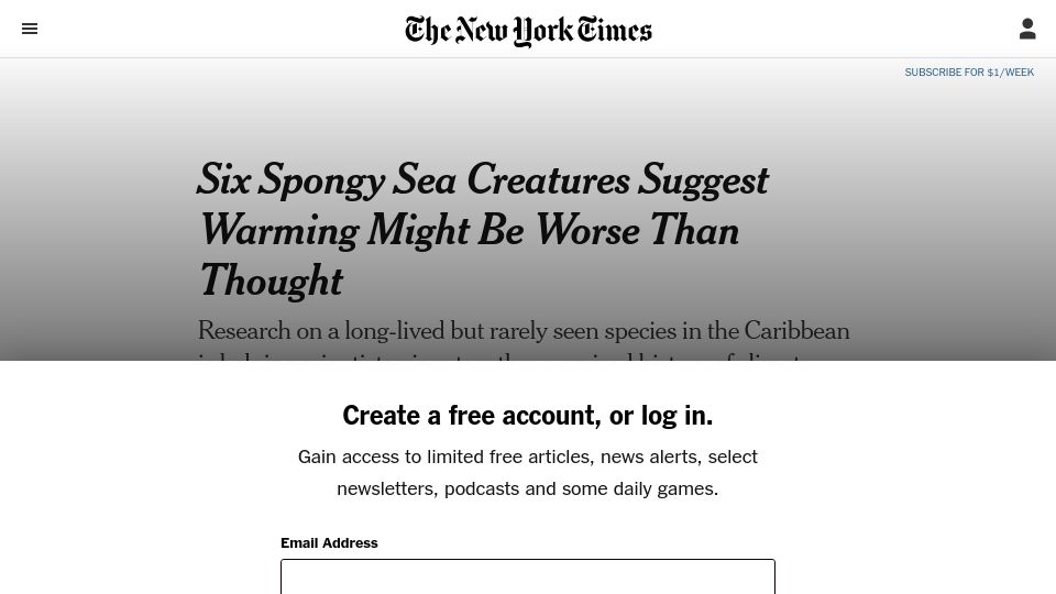 Screenshot of nytimes.com: Six Spongy Sea Creatures Suggest Warming Might Be Worse Than Thought