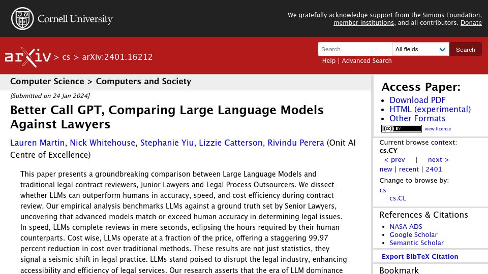 Screenshot of arxiv.org: Better Call GPT: Comparing large language models against lawyers [pdf]