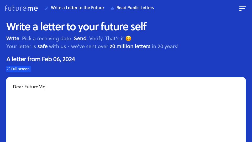 Screenshot of futureme.org: Write a Letter to Your Future Self