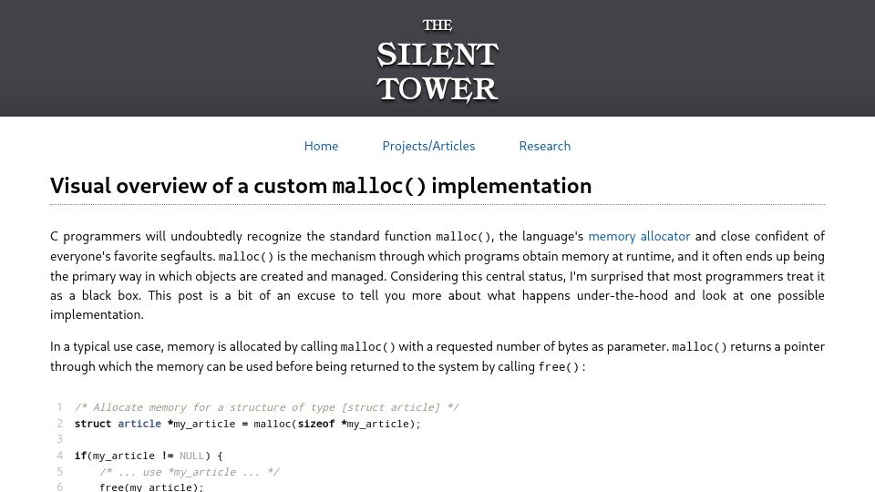 Screenshot of silent-tower.net: Visual overview of a custom malloc() implementation