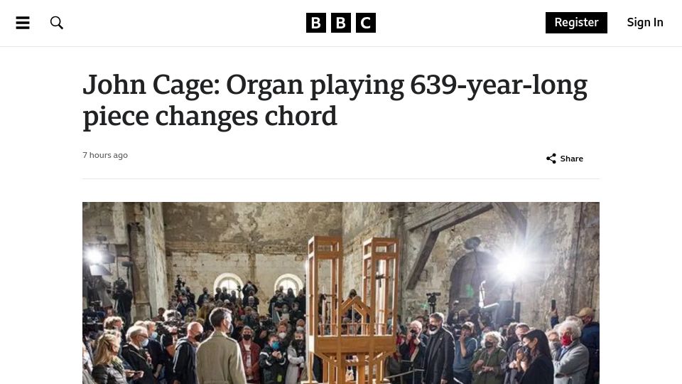 Screenshot of bbc.com: Organ playing 639-year-long piece changes chord