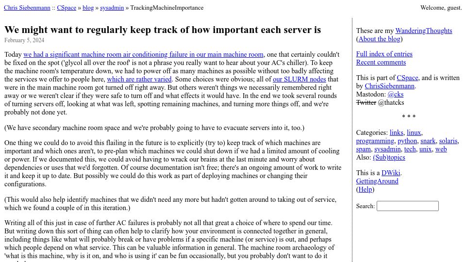 Screenshot of utcc.utoronto.ca: We might want to regularly keep track of how important each server is