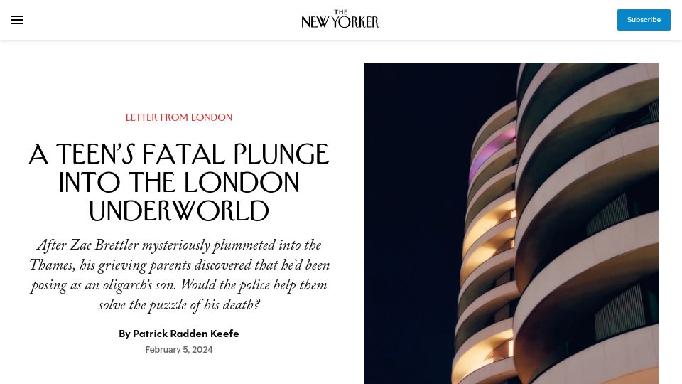 Screenshot of newyorker.com: A Teen's Fatal Plunge into the London Underworld