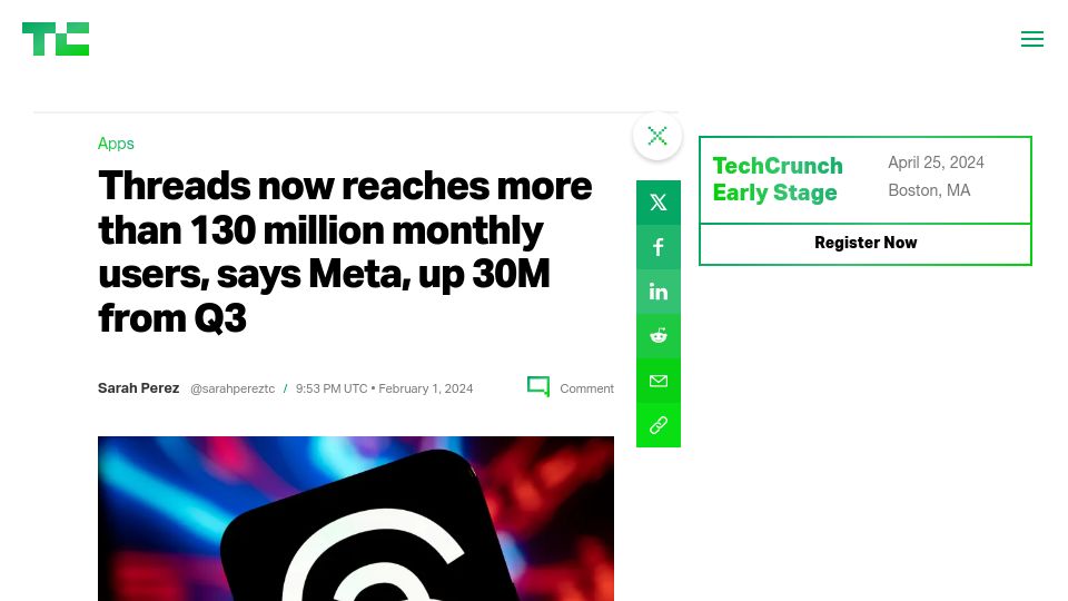 Screenshot of techcrunch.com: Threads now reaches more than 130M monthly users, up 30M from Q3