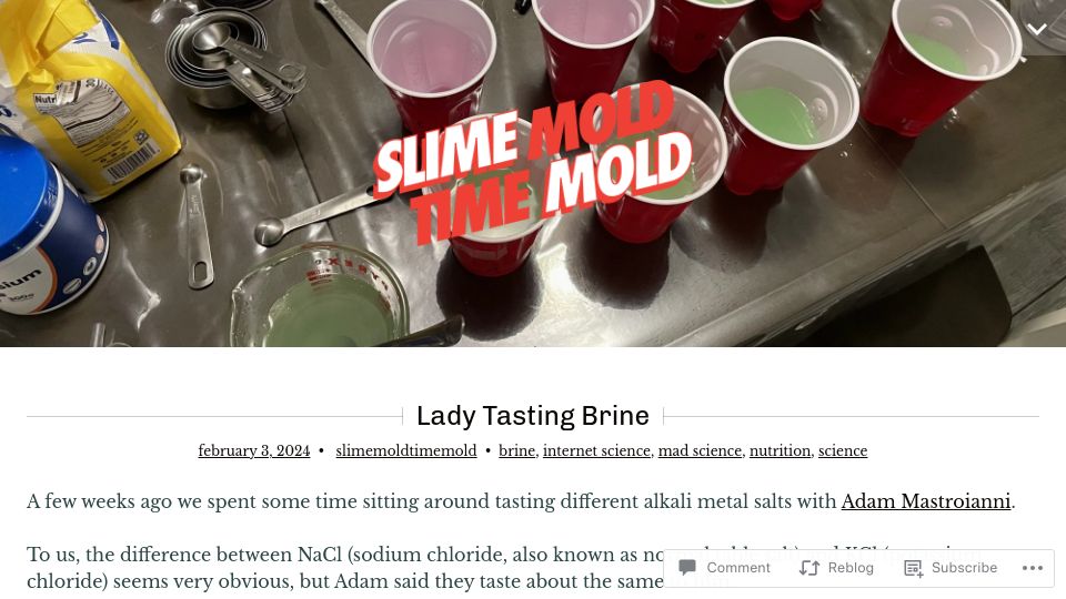 Screenshot of slimemoldtimemold.com: Lady Tasting Brine