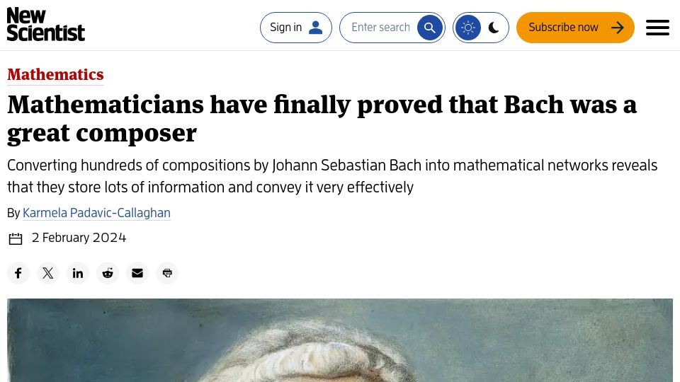 Screenshot of newscientist.com: Analysis of Bach's information-dense music