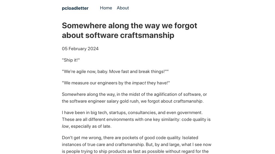 Screenshot of pcloadletter.dev: Somewhere along the way we forgot about software craftsmanship