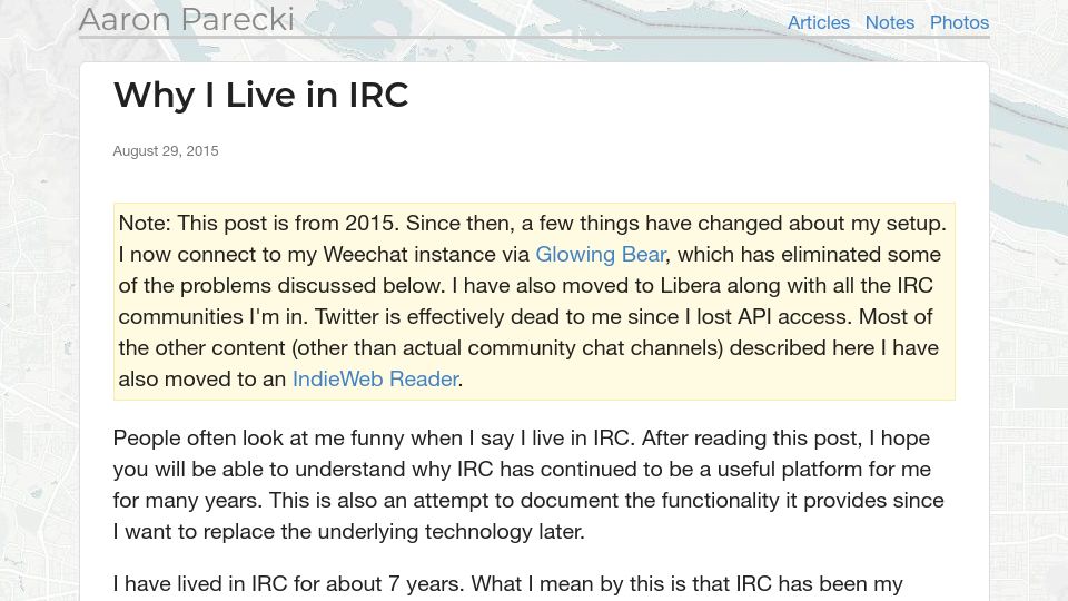 Screenshot of aaronparecki.com: Why I Live in IRC (2015)