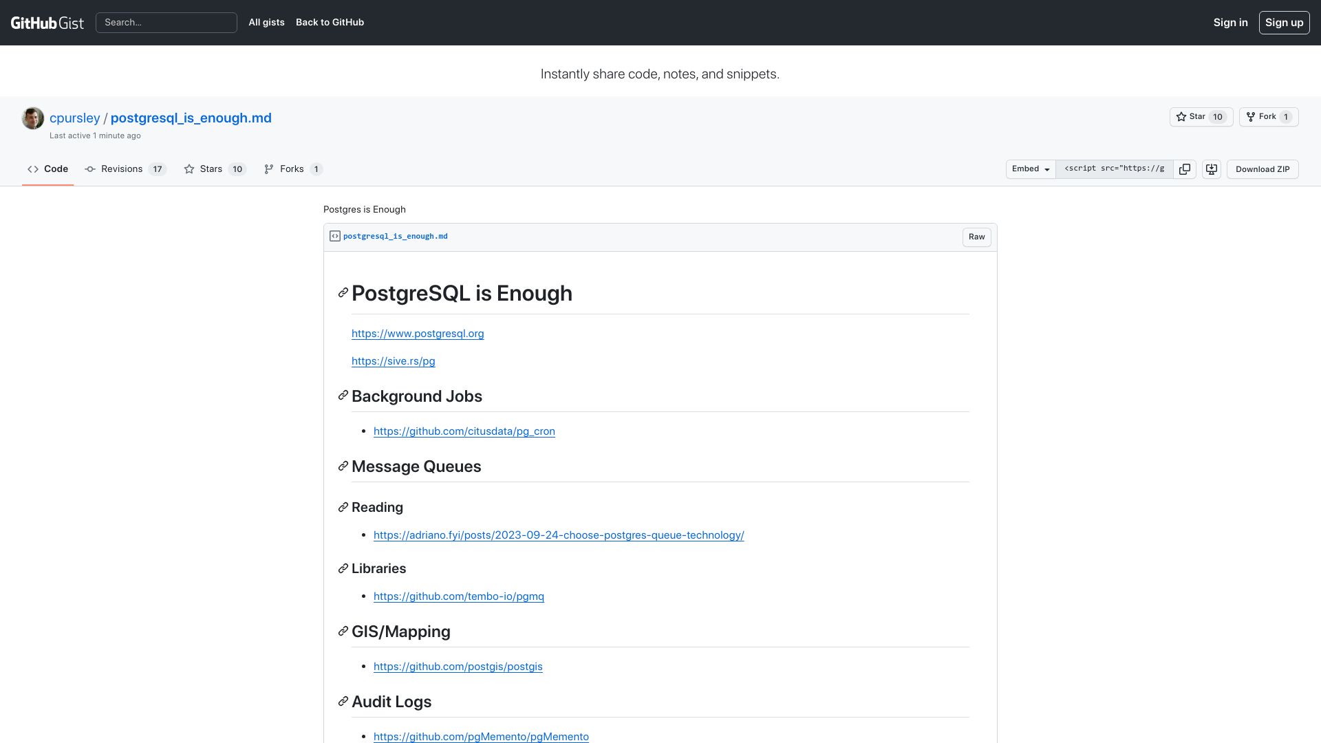 Screenshot of gist.github.com: PostgreSQL is enough
