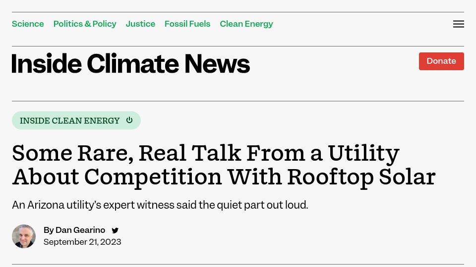 Screenshot of insideclimatenews.org: Some Rare, Real Talk from a Utility About Competition with Rooftop Solar