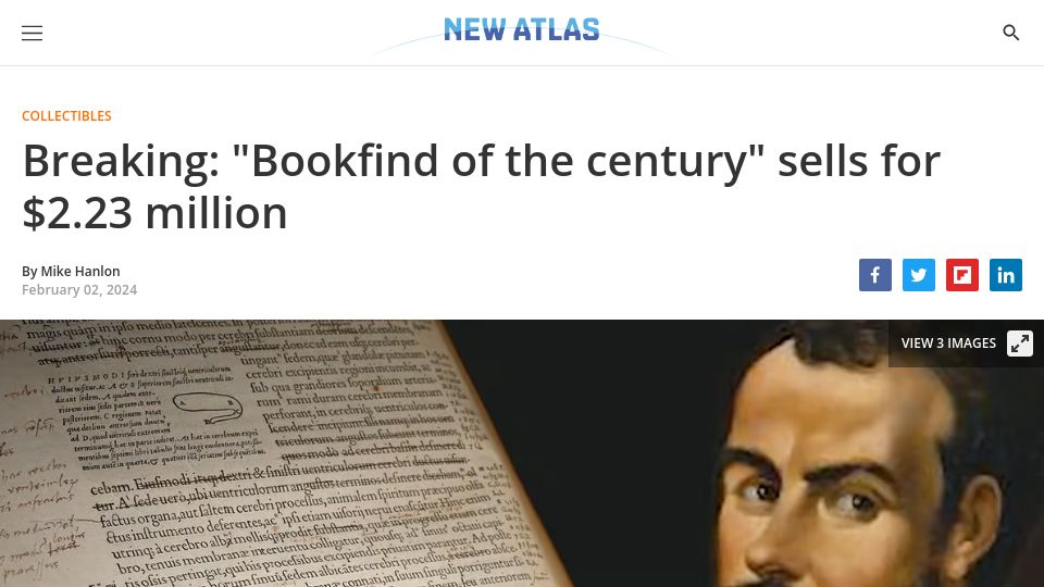 Screenshot of newatlas.com: "Bookfind of the century" sells for $2.23M