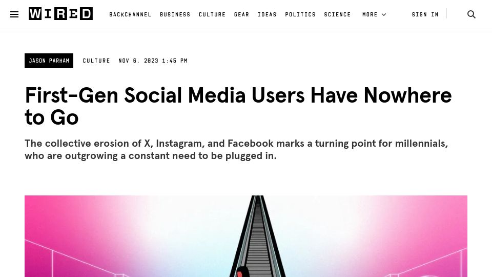 Screenshot of wired.com: First-Gen Social Media Users Have Nowhere to Go