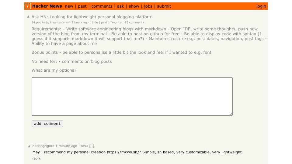 Screenshot of Hacker News post: Ask HN: Looking for lightweight personal blogging platform