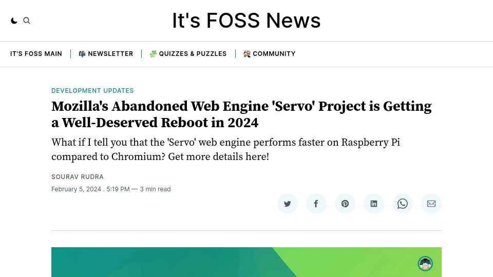 Screenshot of news.itsfoss.com: Mozilla's abandoned web engine 'Servo' project is getting a reboot
