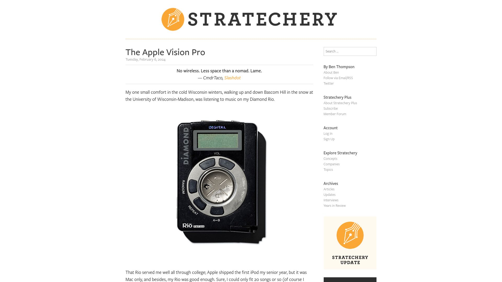 Screenshot of stratechery.com: The Apple Vision Pro