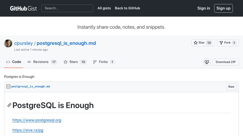 Screenshot of gist.github.com: PostgreSQL is enough