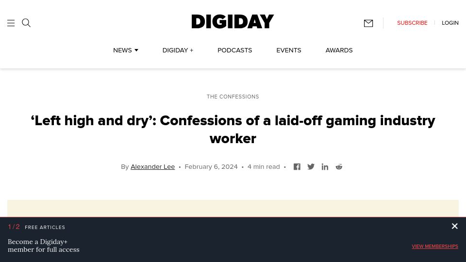 Screenshot of digiday.com: 'Left high and dry': Confessions of a laid-off gaming industry worker