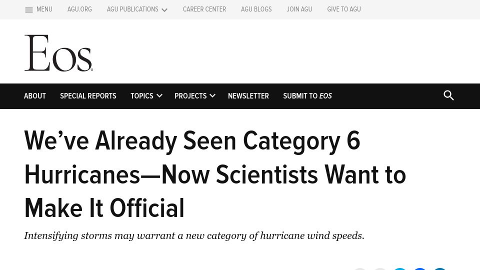 Screenshot of eos.org: We've already seen category 6 hurricanes – scientists want to make it official