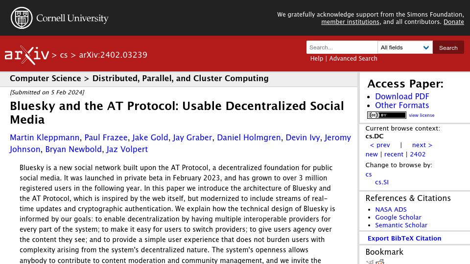 Screenshot of arxiv.org: Bluesky and the AT Protocol: Usable decentralized social media