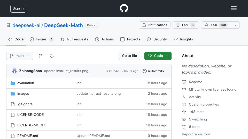 Screenshot of github.com: DeepSeekMath 7B achieved 51.7% on MATH benchmark