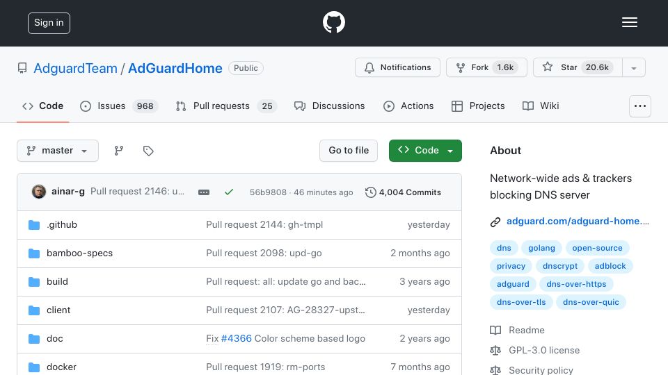 Screenshot of github.com: AdGuard Home: Network-wide ad- and tracker-blocking DNS server