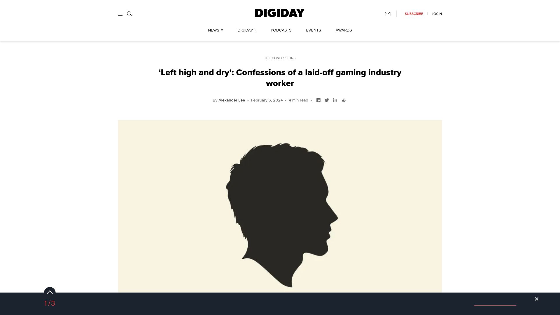 Screenshot of digiday.com: 'Left high and dry': Confessions of a laid-off gaming industry worker
