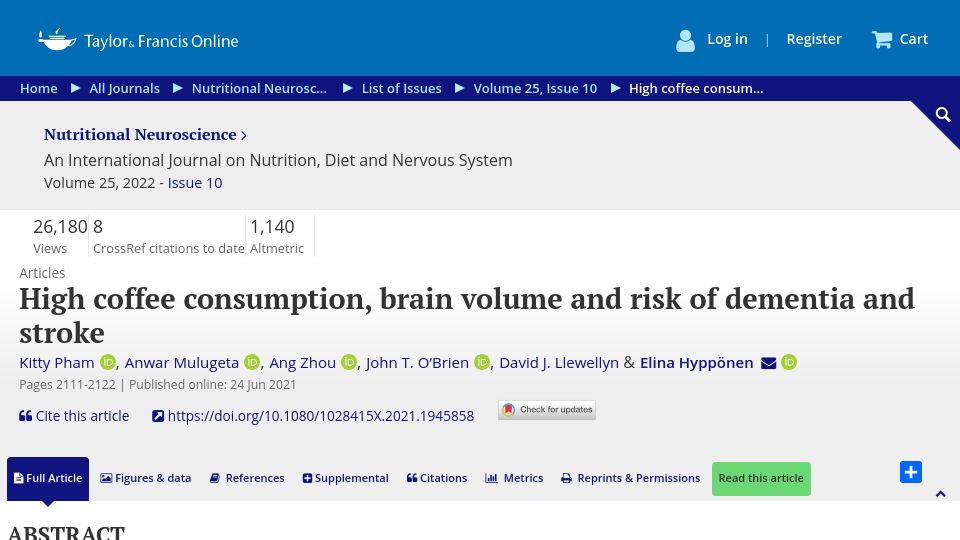 Screenshot of tandfonline.com: High coffee consumption, brain volume and risk of dementia and stroke