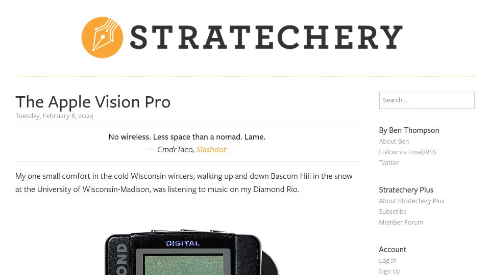 Screenshot of stratechery.com: The Apple Vision Pro