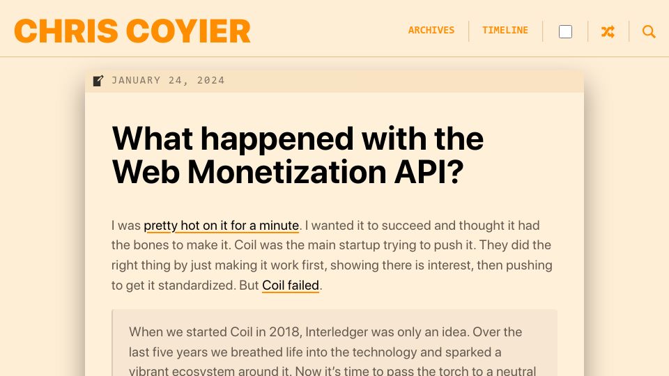 Screenshot of chriscoyier.net: What happened with the Web Monetization API?
