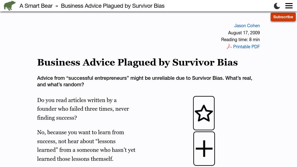 Screenshot of longform.asmartbear.com: Business advice plagued by survivor bias (2009)