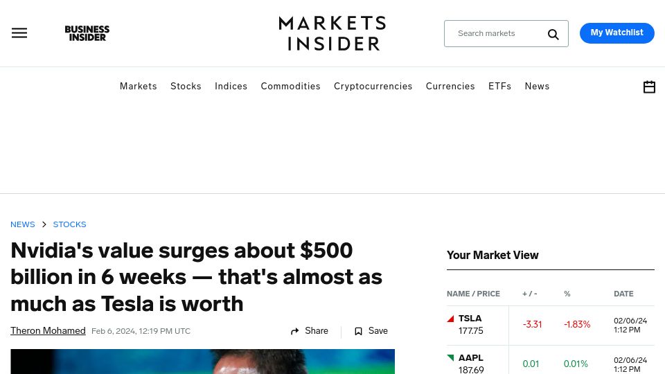 Screenshot of markets.businessinsider.com: Nvidia surges about $500B in 6 wks, nearly much as Tesla is worth