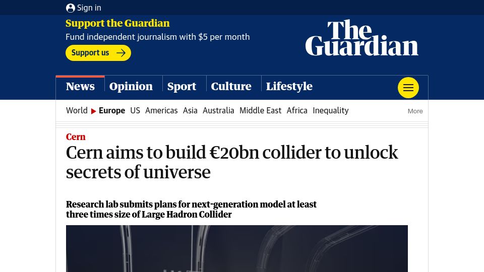 Screenshot of theguardian.com: CERN aims to build €20B collider
