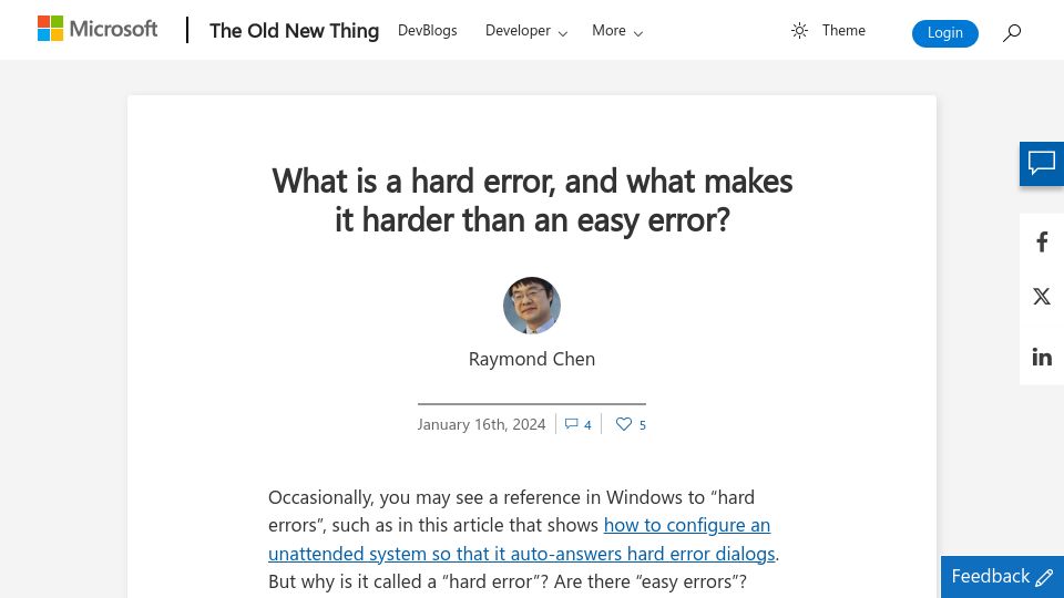Screenshot of devblogs.microsoft.com: What is a hard error, and what makes it harder than an easy error?