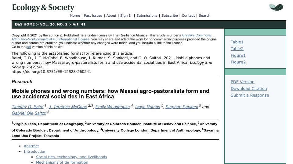 Screenshot of ecologyandsociety.org: How Maasai agro-pastoralists form and use accidental social ties (2021)