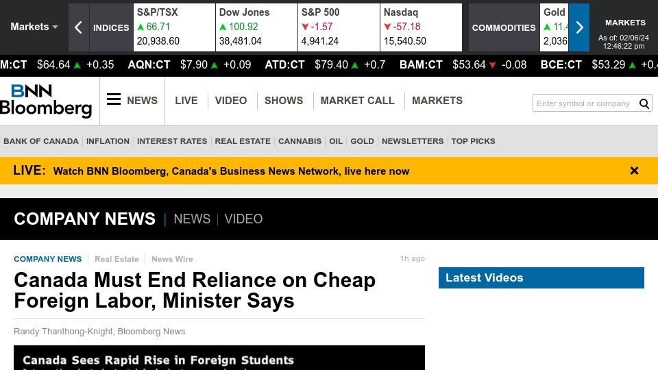 Screenshot of bnnbloomberg.ca: Canada Must End Reliance on Cheap Foreign Labor, Minister Says