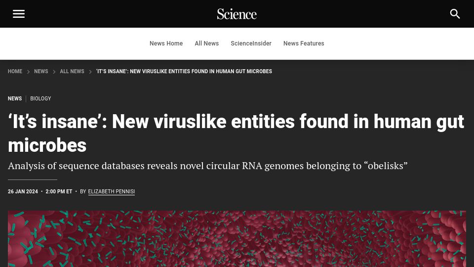 Screenshot of science.org: New viruslike entities found in human gut microbes