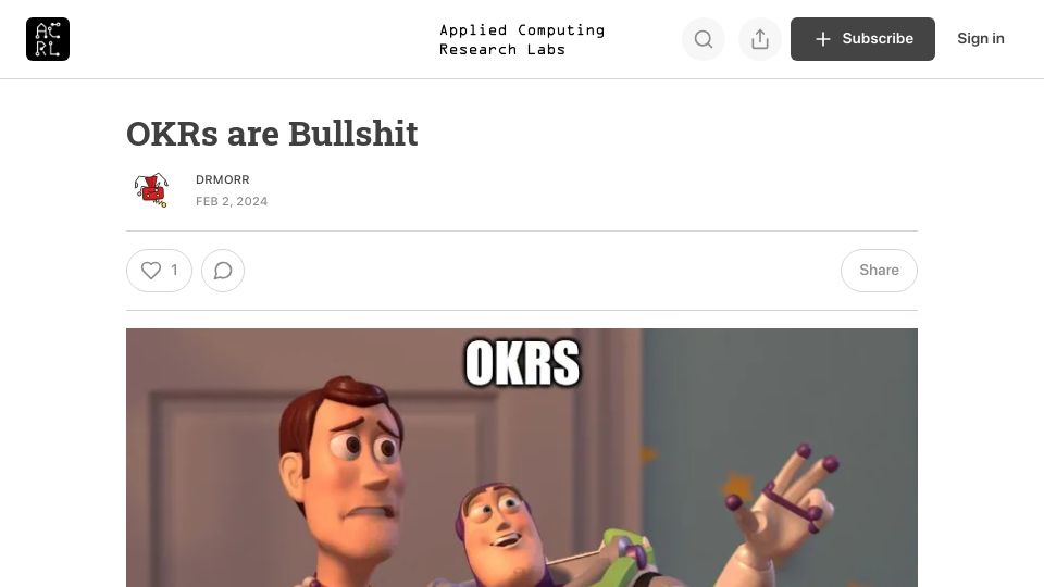Screenshot of blog.appliedcomputing.io: OKRs Are Bullshit