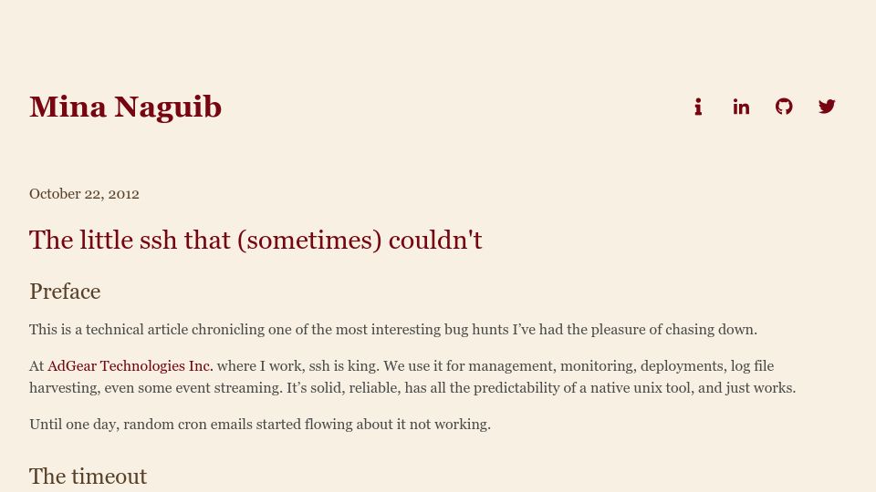Screenshot of mina.naguib.ca: The little SSH that sometimes couldn't (2012)