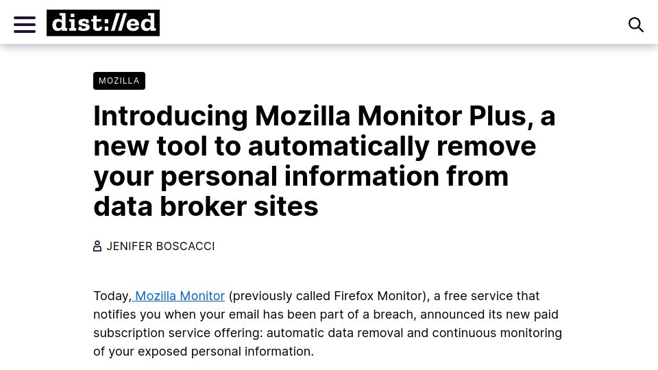 Screenshot of blog.mozilla.org: Mozilla Monitor Plus: automatically remove your personal info from data brokers