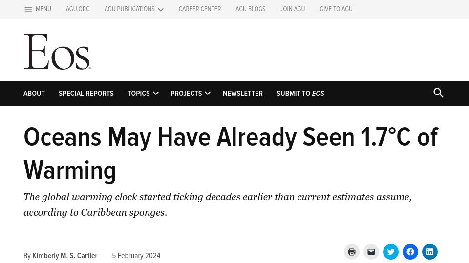 Screenshot of eos.org: Oceans May Have Already Seen 1.7°C of Warming