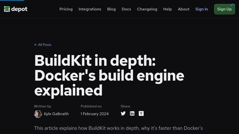 Screenshot of depot.dev: BuildKit in depth: Docker's build engine explained