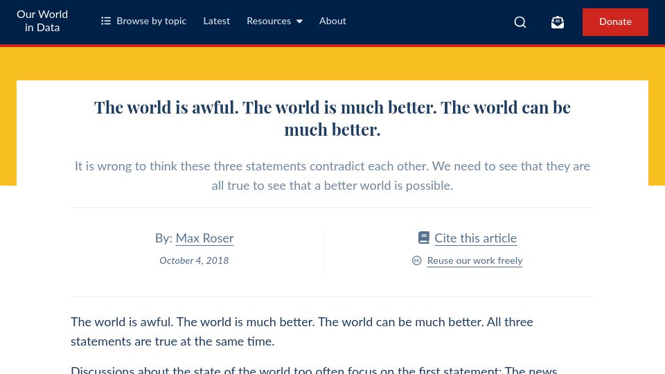 Screenshot of ourworldindata.org: The world is awful. The world is much better. The world can be much better
