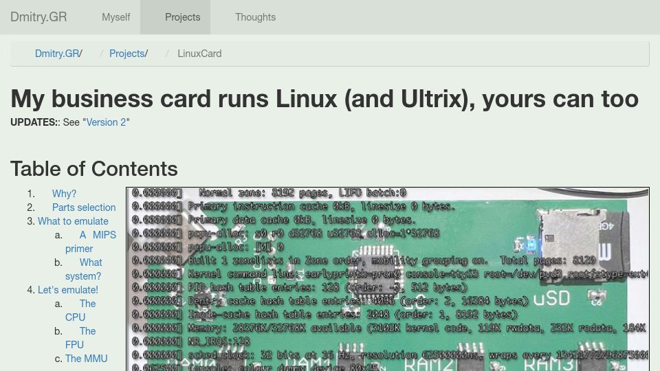 Screenshot of dmitry.gr: My business card runs Linux and Ultrix (2022)