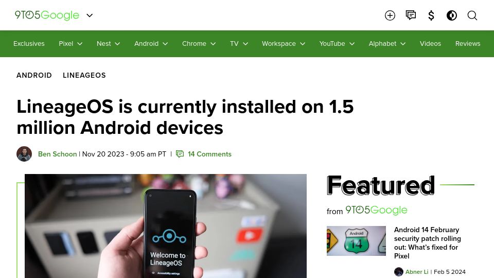 Screenshot of 9to5google.com: LineageOS is currently installed on 1.5M Android devices