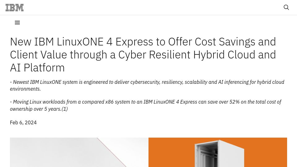Screenshot of newsroom.ibm.com: New IBM LinuxONE 4 Express – Rack-mounted pre-configured Linux mainframe