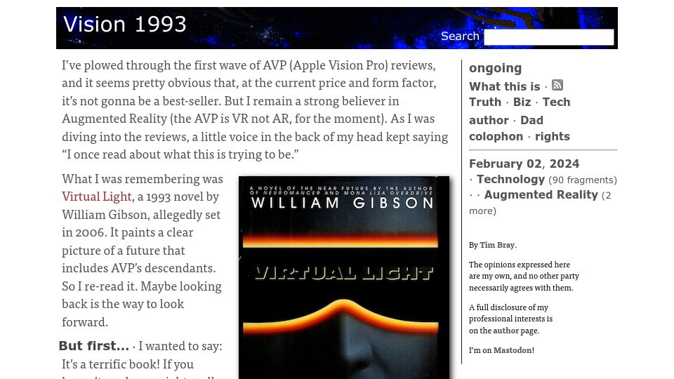 Screenshot of tbray.org: Vision 1993