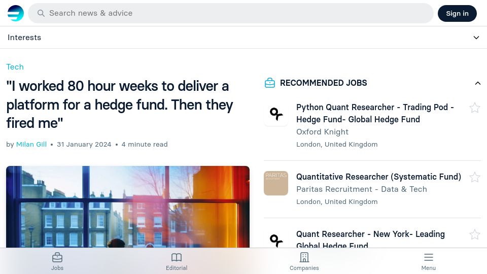 Screenshot of efinancialcareers.com: I worked 80 hour weeks to deliver a platform for a hedge fund,then they fired me