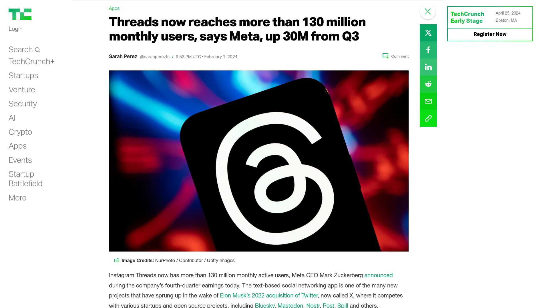 Screenshot of techcrunch.com: Threads now reaches more than 130M monthly users, up 30M from Q3